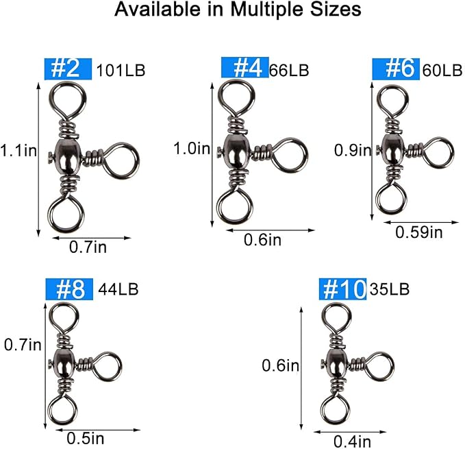 AKOSU 120pcs Fihshing Accessories Three Way Swivels Cross Line Barrel Stainless Steel Swivel Saltwater T-Turn Fishing Line Connector #2, 4, 6, 8, 10
