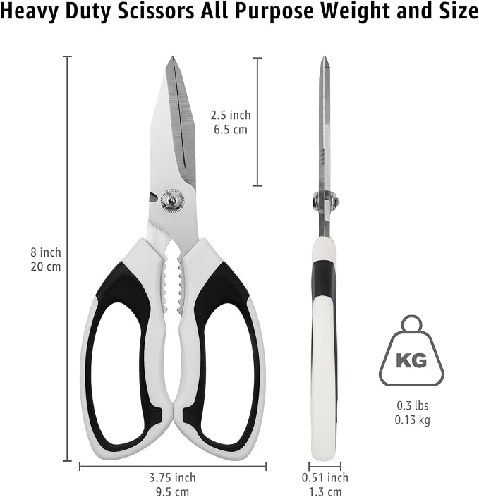 BoFuYuan 8-Inch Utility Scissors All Purpose Heavy Duty, Serrated Blade, White Comfort Grip for Cutting Carpet, Cardboard, Leather, Fabric, Multipurpose Sharp Shears for Kitchen, Garden, Office, Carft