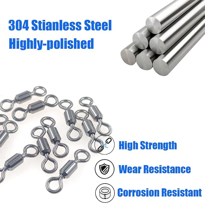 100 Pcs Fishing Swivels Saltwater, 100% 304 Stainless Steel Power Swivel Corrosion Resistance Barrel Swivels High Strength Freshwater Fishing Line Lure Leader Connectors