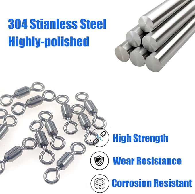 100 Pcs Fishing Swivels Saltwater, 100% 304 Stainless Steel Power Swivel Corrosion Resistance Barrel Swivels High Strength Freshwater Fishing Line Lure Leader Connectors