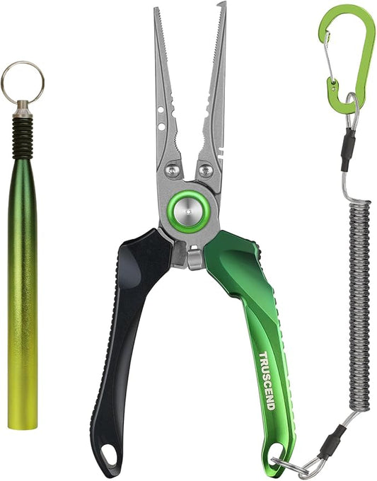 TRUSCEND Easy Use Lockable Fishing Pliers with Tungsten Carbide Cutter, Innovative Ergonomic Handy Handle, Saltwater Corrosion Resistant Teflon Coated Fishing Tool, Light Multi-Function Fishing Gear