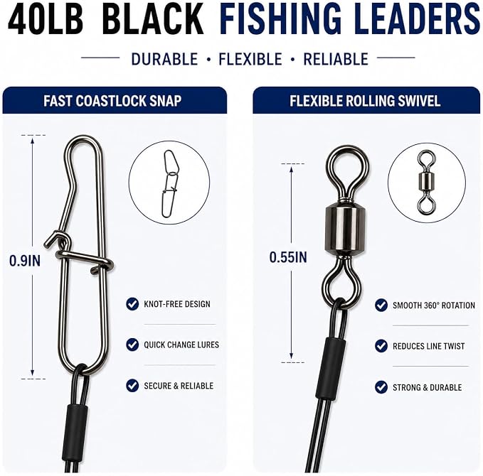 Stainless Steel Fishing Wire Leaders, Black Coated & Uncoated Options, Heavy Strength 31–100LB, 6–21in Multi Sizes with Rolling Swivels Snaps for Salt Fresh Water Shark Pike Barracuda