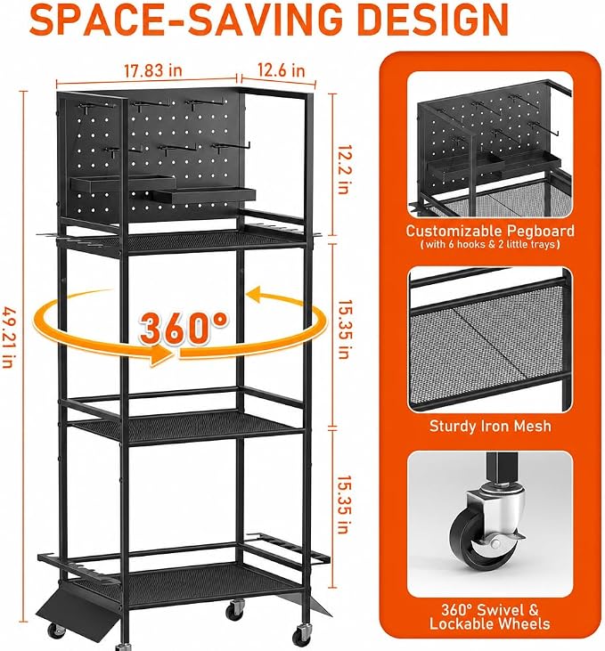 12-Rod Fishing Pole Holders for Garage, 3-Shelf Fishing Rod Holder with Pegboard and Trays, 360° Rotatable, Rolling Fishing Storage Cart with Wheels for Tackle Box & Fishing Gear Organization
