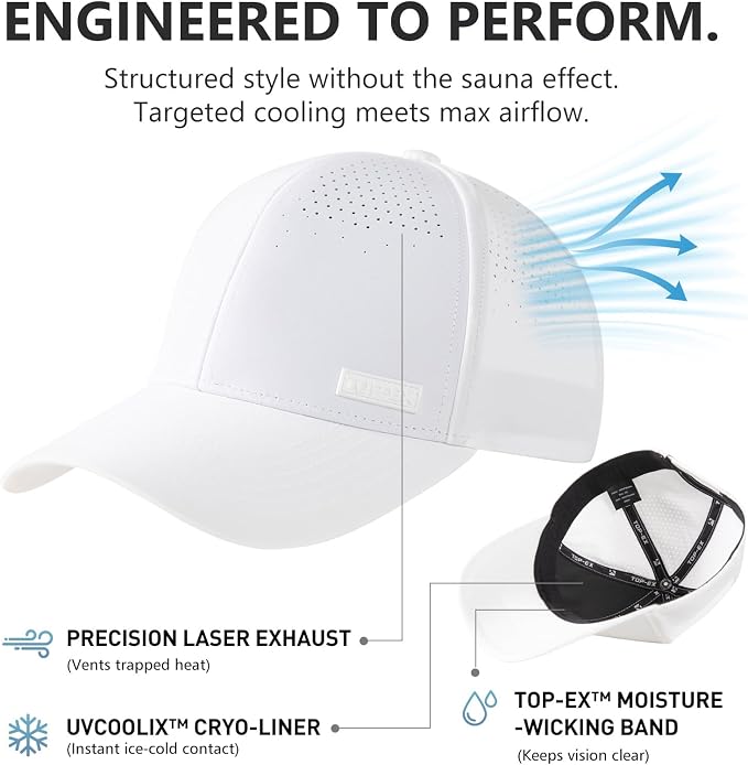 TOP-EX Performance Baseball Cap Water-Resistant Beathable Golf Running Cap Laser Cut Mesh Ball Curved Brim Snapback Hat