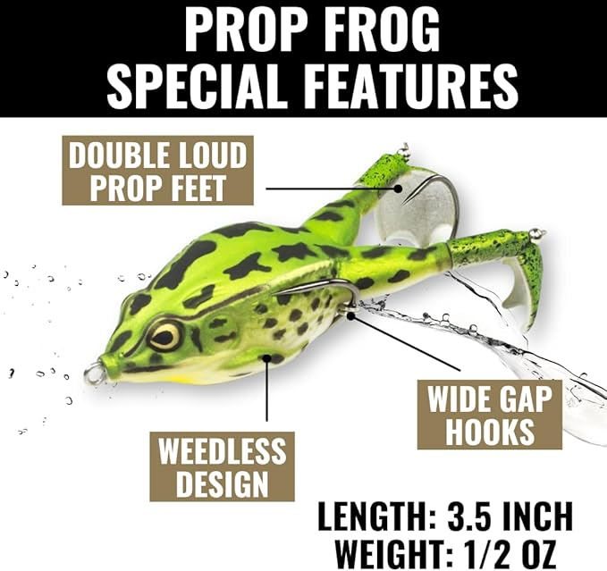 LUNKERHUNT Bass Fishing Lures Kit (3-Pack) - 2 Prop Fish Lures and 1 Prop Frog Lure | Weedless Hooks Hollow Realistic Body, Small Frog Lures & Fishing Lures for bass Fishing Whopper plopper