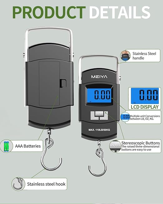 MEIYA Fish Scale 110lb/50kg Digital Fishing Scale with Backlit LCD, Portable Handle, Stainless Steel Hook & 2 AAA Batteries – Reliable Fishing Gear & Great Fishing Gifts for Men