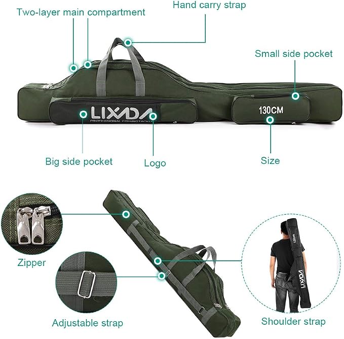 Lixada Fishing Rod Case, Portable Folding Fishing Rod Case Fishing Pole Reel Storage Bag Fishing Gears Organizer