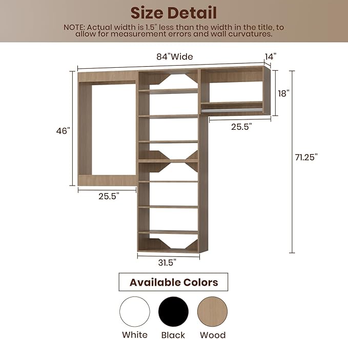 ROOMTEC Modular Closet System, 84" Wall-Mounted Closet Organizer with Hanging Rods, Modern Wooden Tower for Walk-In Closets, Wardrobe Storage Kit, Wood