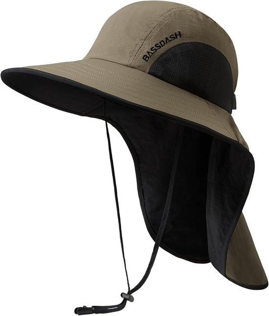 BASSDASH UPF 50+ Unisex Water Resistant Wide Brim Sun Hat with Large Neck Flap Ponytail Fishing Hat for Men Women