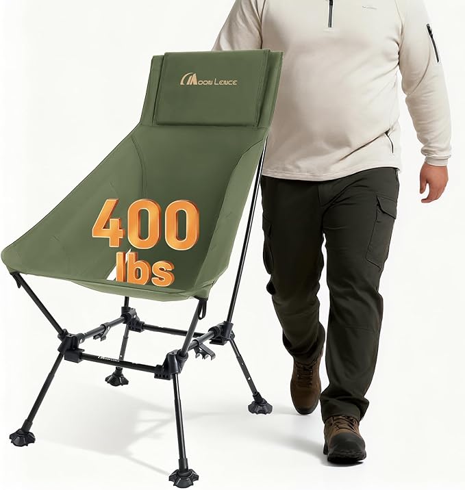 MOON LENCE Oversized High Back Camping Chair for Adults, Height Adjustable Folding Camp Chair | 400 lbs Capacity & 5.4 lbs Weight, Hidden Pillow Pocket Wide Seat for Camping Fishing Overlanding, Green
