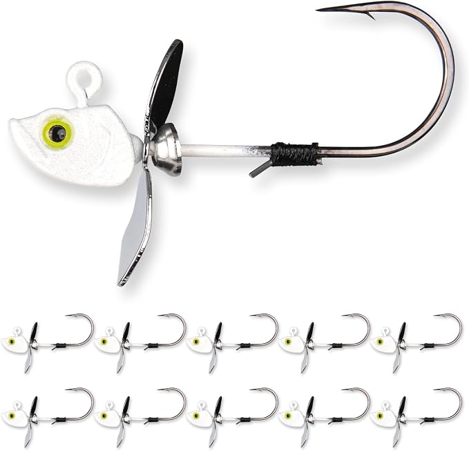 10-Pack Asymmetrical Spin Fishing Jig Head, 100% Brass Blade with Hand-Tied Bait Keeper for Bass 1/8 /3/16 1/4 3/8 & 1/2oz