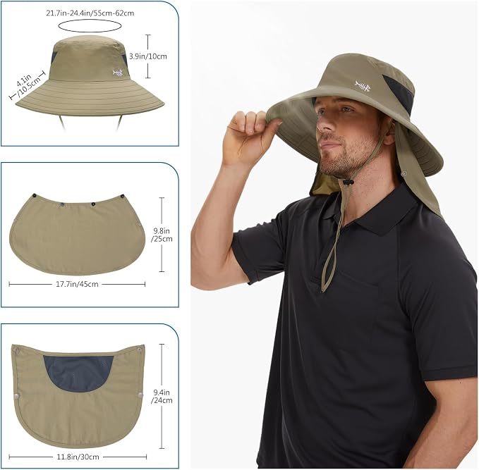 BASSDASH UPF 50+ Breathable Sun Hat with Removable Face Cover and Neck Flap Wide Brim Bucket Hat for Fishing Hiking Men Women
