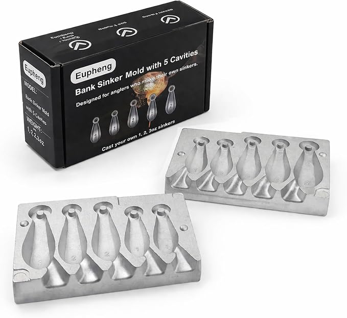 Eupheng Bank Sinker Mold with 5 Cavities, 1 oz / 2 oz / 3 oz Fishing Weight Mold for DIY Lead Sinkers