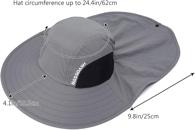 BASSDASH UPF 50+ Unisex Water Resistant Wide Brim Sun Hat with Large Neck Flap Ponytail Fishing Hat for Men Women