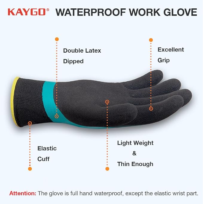 KAYGO Waterproof Work Gloves for Men and Women,3 pairs Rubber Coated Non-slip Working Gloves for Garden, Outdoor Construction (Blue, XL)