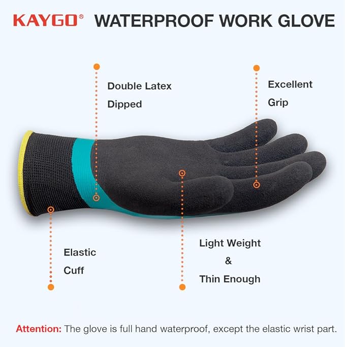 KAYGO Waterproof Work Gloves for Men and Women,3 pairs Rubber Coated Non-slip Working Gloves for Garden, Outdoor Construction (Blue, S)