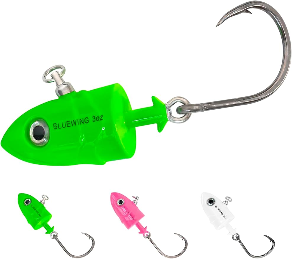 BLUEWING Jig Heads Saltwater 2oz,3oz,4oz,5oz,6oz,7oz Swimming Jigheads 1pc with High Carbon Steel Swing Hook and 6in/9in Replacement Tail Big Game Fishing Lures