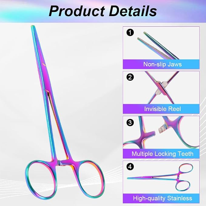 Ainiv 4 Piece Hemostat Curved and Straight Stainless Steel Self-Locking Fishing Forceps Piercing Remover Tool Piercing Grabber Tool for Nurses Pet Grooming Care Fishing DIY Crafting (Colorful, 5"+7")