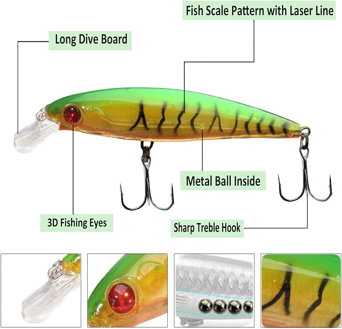 Fishing Lures Hard Bait Minnow Swimbait Crankbait Jerkbait Lure with Treble Hooks 3D Eyes Freshwater Saltwater Fishing Lures for Bass Trout Walleye Pike Catfish