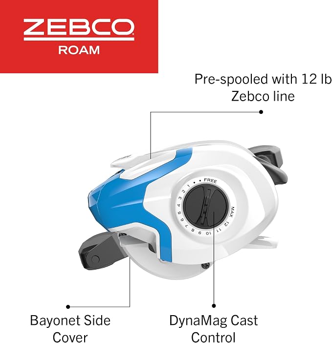 Zebco Roam Baitcast Fishing Reel, Size 100 Reel, Right-Hand Retrieve, Oversized Handle Knobs, Zero Friction Spool Design, Lightweight Graphite Frame, Blue