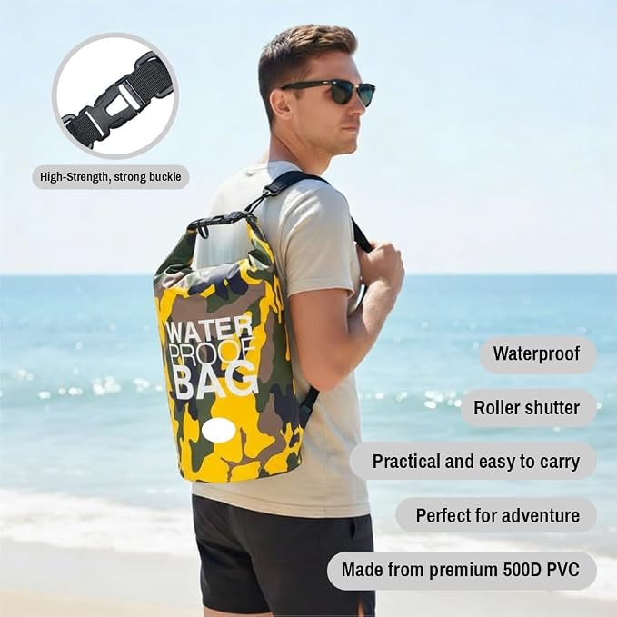 Waterproof Dry Bag Set of 3 (15L 20L 30L) - PVC Roll Top Dry Bags Waterproof - Backpack for Kayaking, Camping, Beach & Travel (Camouflage: light blue, pink, and yellow)
