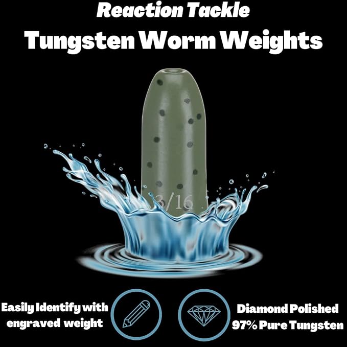 Reaction Tackle Tungsten Worm Weights for Bass Fishing - Bullet Shaped Sinkers/Fishing Weights - for Texas Rig and Carolina Rig/Size Stamped