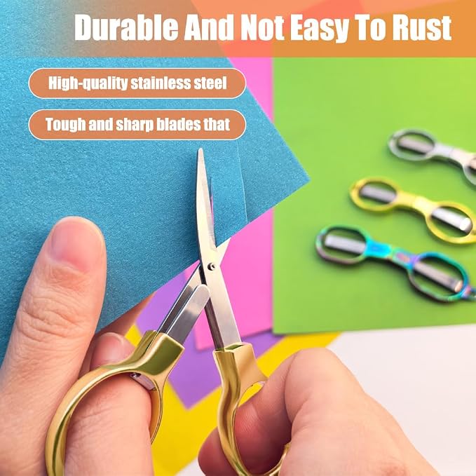 2PCS Folding Scissors, Portable Travel Scissor, Gift for Men Glasses Shaped Mini Shear Telescopic Cutter, Anti Rust Stainless Steel Scissors for Fishing Sewing Home Office-Gold