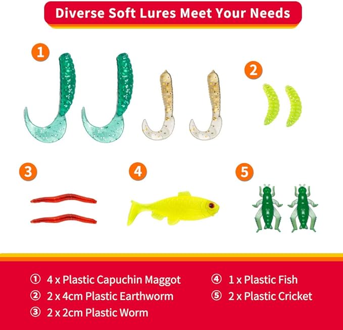 GOANDO Fishing Lures Kit for Freshwater Bait Tackle Kit for Bass Trout Salmon Fishing Accessories Tackle Box Including Spoon Lures Soft Plastic Worms Fishing Gifts