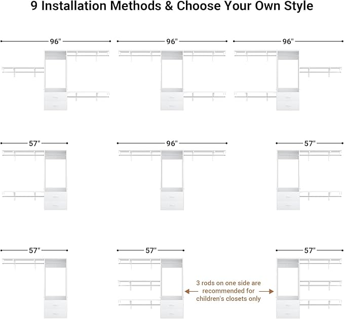 96" Closet System with 2 Wooden Drawers, 4-8ft Walk-in Closet Organizer System with 4 Hanging Rods,for Bedroom,Living Room,Garment Rack,White