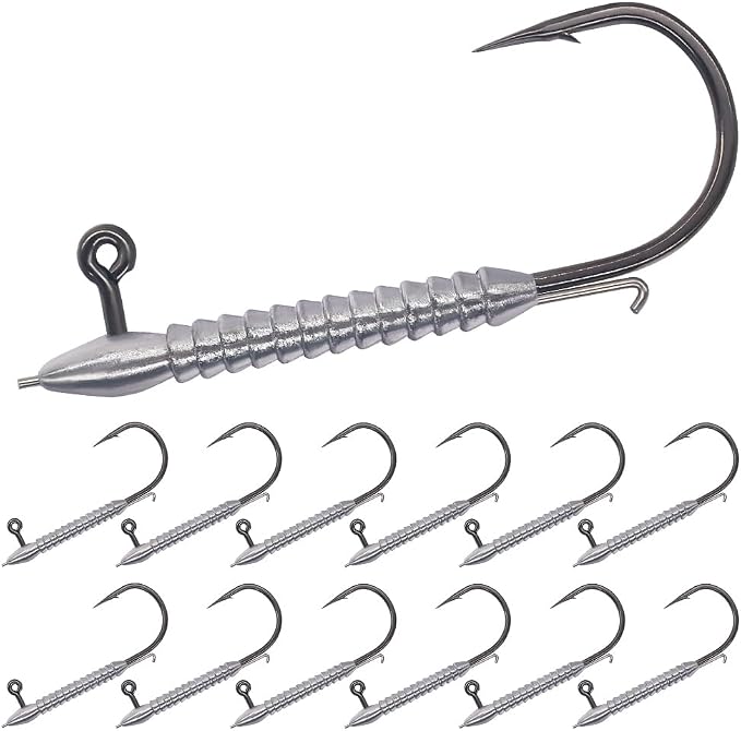 Hover Rig Jig Heads 12-Pack –2X Strong Weighted Swimbait Hooks for Bass Fishing– Freshwater Sizes #1 1/32oz to 3/0 1/8oz
