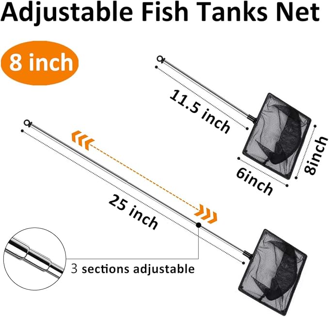 Aquarium Fish Net, 8 Inch Fine Mesh Fish Tank with Extendable 9-24 inch Long Handle
