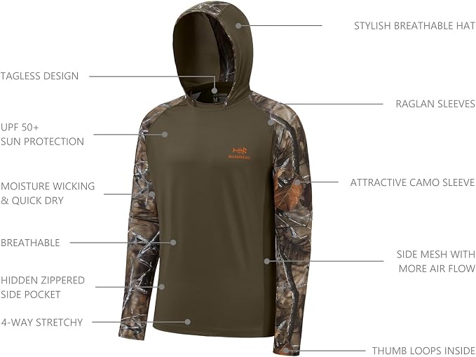 BASSDASH Men’s UPF 50 Performance Fishing Shirt Cooling Hoodie Camo Long Sleeve FS17M