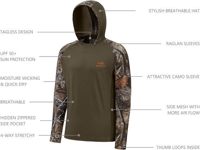 BASSDASH Men’s UPF 50 Performance Fishing Shirt Cooling Hoodie Camo Long Sleeve FS17M