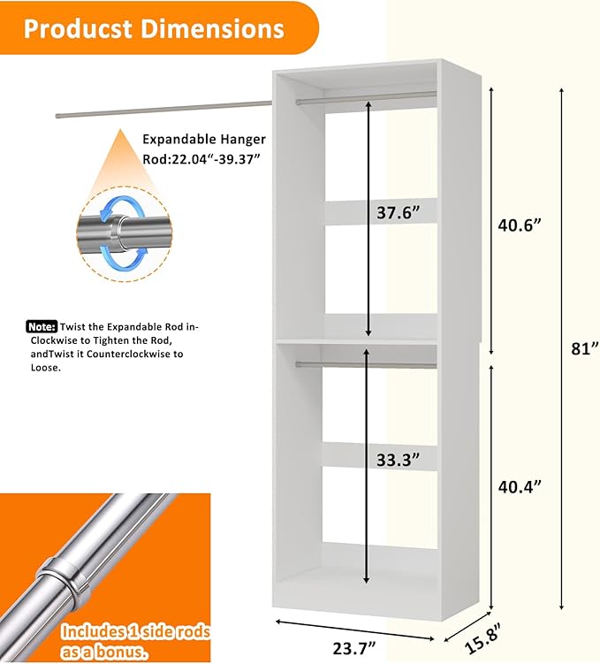2FT Closet Organizer System with Double Hanging Rods，81" Tall Modular Closet System, Stand-Alone Closet Organizer for Walk-In Closets, Entryways, and Garages (2FT)