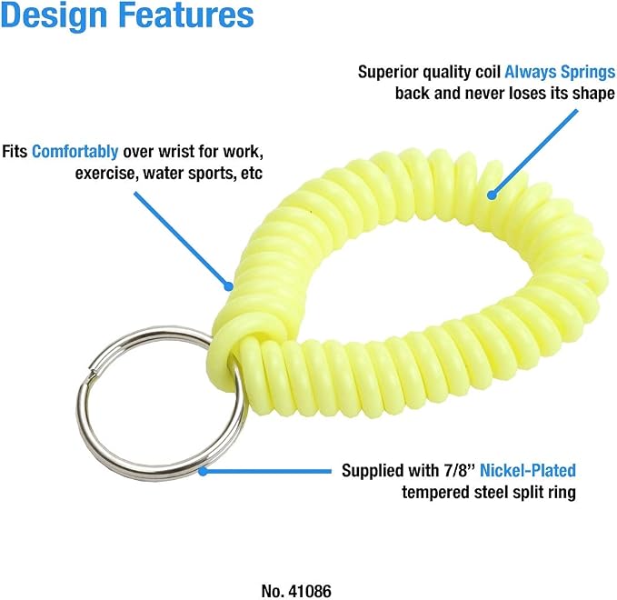 Lucky Line 2” Spiral Wrist Coil with Steel Key Ring, Flexible Wrist Band Key Chain Bracelet, Stretches to 12”, Neon Yellow, 10 PK (41086)