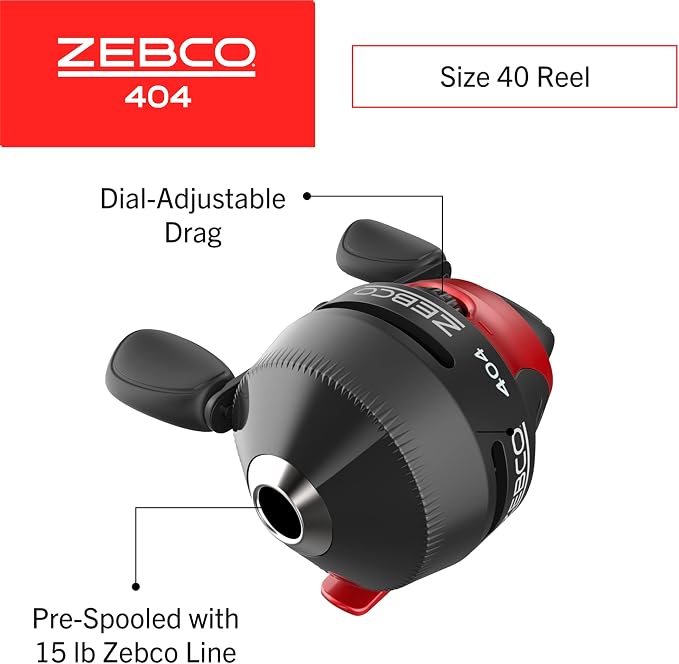 Zebco 404 Spincast Reel and Fishing Rod Combo, 5'6" 2-Piece Durable Fiberglass Rod with EVA Handle, Quickset Anti-Reverse Reel with Built-in Bite Alert, 28-Piece Tackle Pack,Black/Red