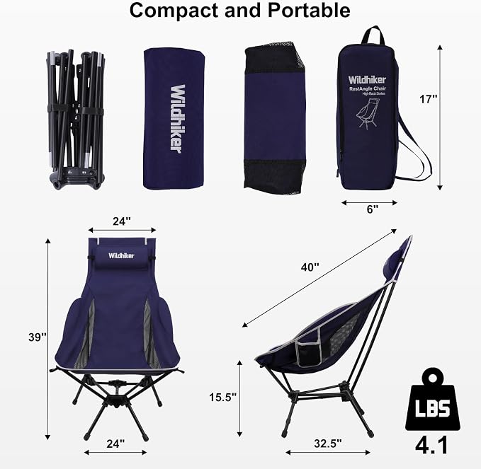 Wildhiker Portable Compact Folding Camping Chairs – Lightweight High Back with Pillow, Deep Recline, ArmPads, Side Pockets-for Motorcycle, RV, Backpacking, Travel, Festival – Indigo Blue