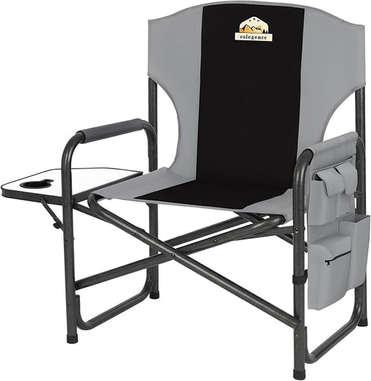 Colegence Oversized Directors Camping Chair Support 600 LBS, Heavy Duty Folding Outdoor Chairs with Detachable Side Pocket and Adjustable Side Table for Outside Beach,Lawn,Fishing (Black)
