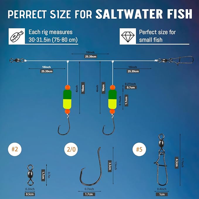 Pompano Rig Saltwater Surf Fishing Rigs – Double Drop Leader Rigs with Hooks, Floats, Beads & Snap – Easy Pre-Tied Terminal Tackle for Pompano, Whiting, Redfish