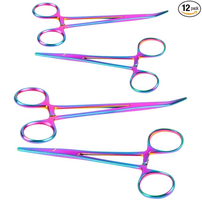 Ainiv 4 Piece Hemostat Curved and Straight Stainless Steel Self-Locking Fishing Forceps Piercing Remover Tool Piercing Grabber Tool for Nurses Pet Grooming Care Fishing DIY Crafting (Colorful, 5"+7")