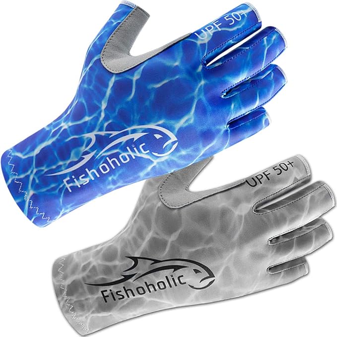 Fishoholic UPF50+ Fingerless Fishing Gloves - Sticky Grip Sun Protection Glove - Kayaking Paddling or Rowing
