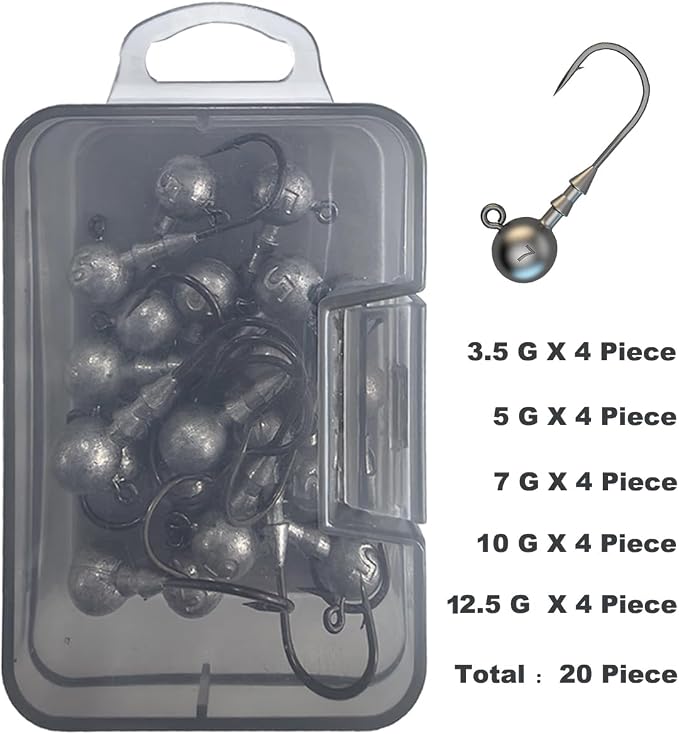 Kmucutie Ned Rig Jig Heads, 20 Pieces Finesse Mushroom Jig Hooks Kit for Bass Fishing 3/32,1/8,3/16,1/4,5/14 OZ,