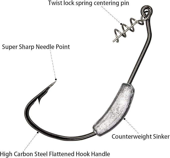 25 Pack Weighted Swimbait Hooks, Jig Heads with Twist Lock, Soft Plastic Worm Fishing Hooks 1/0 2/0 3/0 4/0 5/0