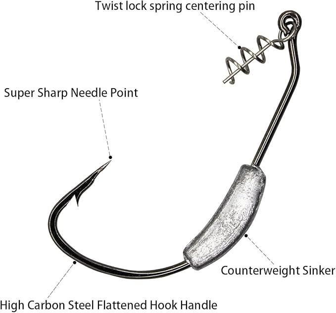 25 Pack Weighted Swimbait Hooks, Jig Heads with Twist Lock, Soft Plastic Worm Fishing Hooks 1/0 2/0 3/0 4/0 5/0