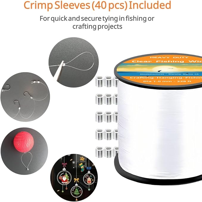 Aboda Clear Fishing Line 0.2-1 mm, Strong Invisible Nylon Fishing Wire 8-100 lb Test Includes Crimp Sleeves, Clear String for Hanging Decorations Balloons Garlands Crafts & Jewelry
