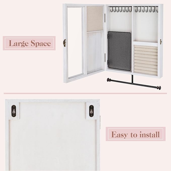 Keebofly Wall Mounted Jewelry Organizer With Rustic Wood Large Space Jewelry Cabinet, Holder, Storage Box for Necklaces, Earrings, Bracelets, Ring Holder, and Accessories White