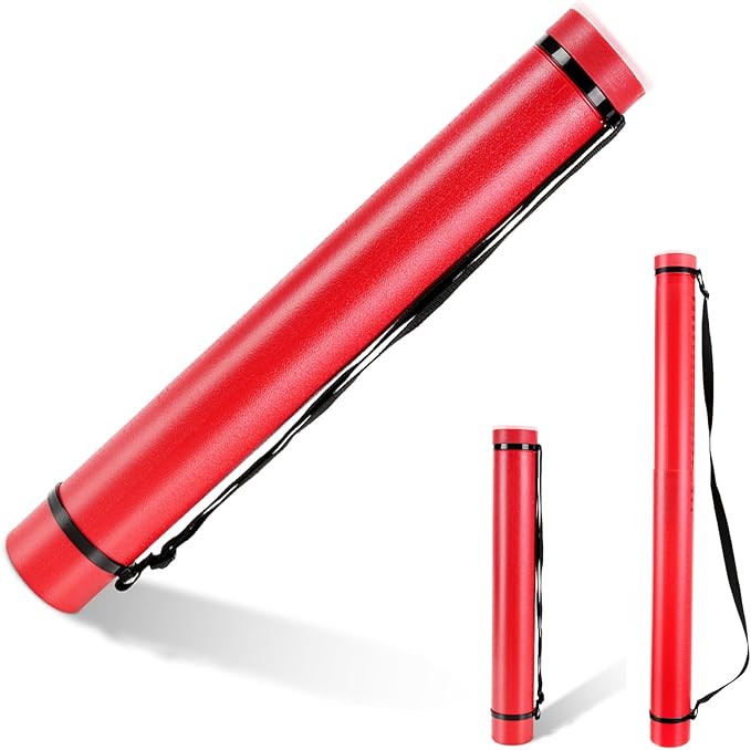 DEWEL Document Tube,Plastic Expanding Poster/Art/Document Storage Tube 24.5 to 40 inches Adjustable with Carrying Strap Waterproof and Light-Resistance Telescoping Carrying Case (Red-Large Size)