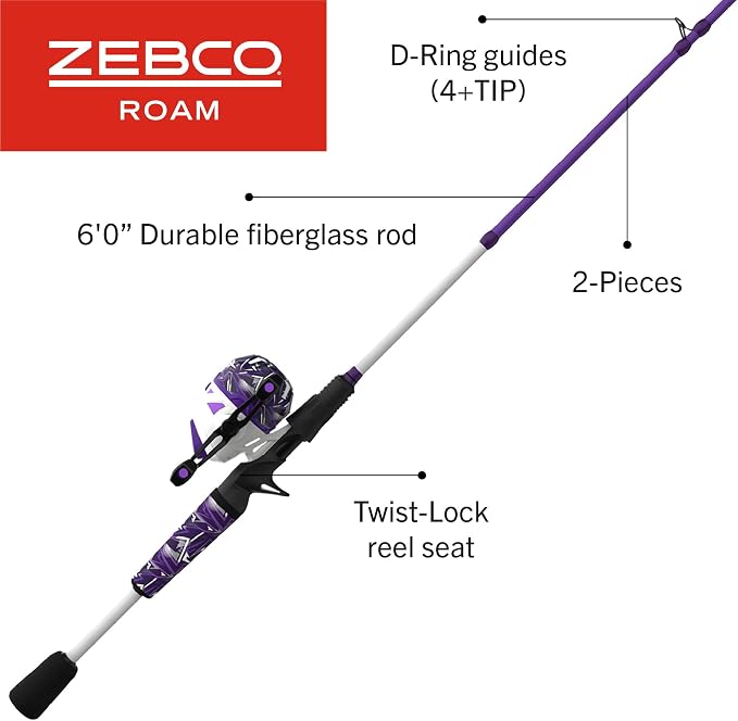Zebco Roam Spincast Reel and Fishing Rod Combo, 6-Foot 2-Piece Fiberglass Fishing Pole with ComfortGrip Handle, Quickset Anti-Reverse Fishing Reel, Pre-Spooled with 10-Pound Zebco Line