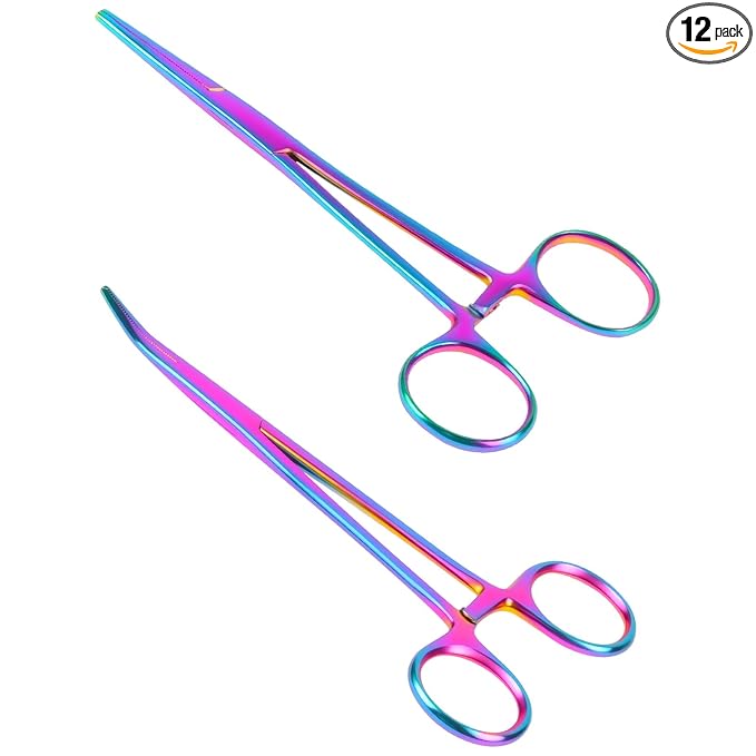 Ainiv 2 Piece Hemostat Curved and Straight Stainless Steel Self-Locking Fishing Forceps Piercing Remover Tool Piercing Grabber Tool for Nurses Pet Grooming Care Fishing DIY Crafting (Colorful, 7")
