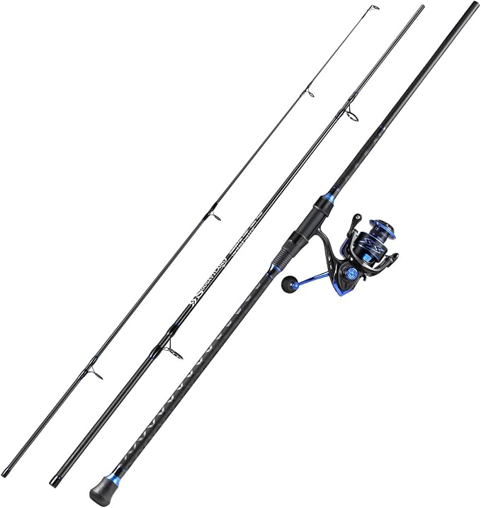 Sougayilang Surf Fishing Combo, 3-Piece Carbon Fiber Travel Rod, 4000 Spinning Reel, 20LB Drag, 5.2:1 Gear Ratio, 12+1 Bearings for Striped Bass, Redfish, Bluefish – Beach & Surf Casting